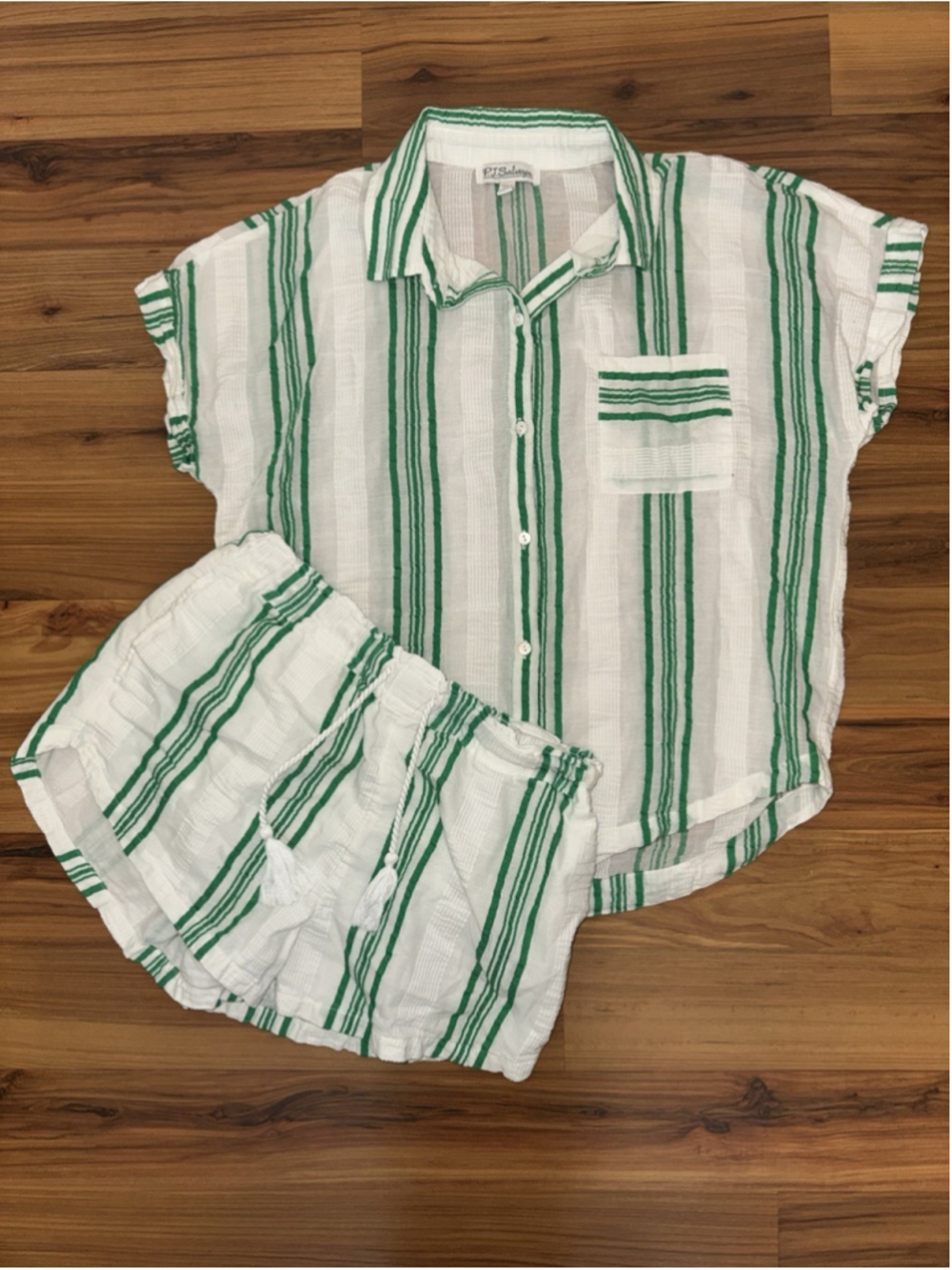 PJ Salvage Beachcomber Stripe Pajama Set Green Cotton Lounge Coastal Shorts S